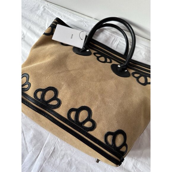 BODE Trefoil Tote Bag Black Beige Suede Leather - Picture 10 of 11